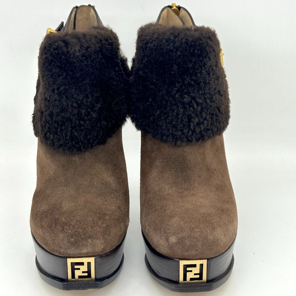 FENDI Fendista Shearling Fur Suede Buckle Platform Ankle Bootie Heels Boots - Picture 7 of 16